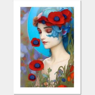 Dreamy pop surreal design of a pretty girl with blue hair flowers and red poppies Posters and Art